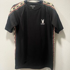 PLAYBOY Black Tee with Iconic Logo and Patterned Stripes